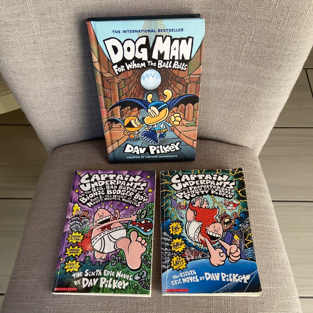 3 Books by DAV PILKEY - DOGMAN For Whom The Ball Rolls - CAPTAIN UNDERPANTS